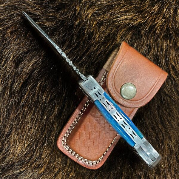 Pocket Knife Dyed Blue Bone 6.5'' Damascus Steel Knife Steel - Image 4
