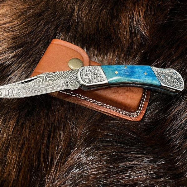 Pocket Knife Dyed Blue Bone 6.5'' Damascus Steel Knife Steel - Image 3