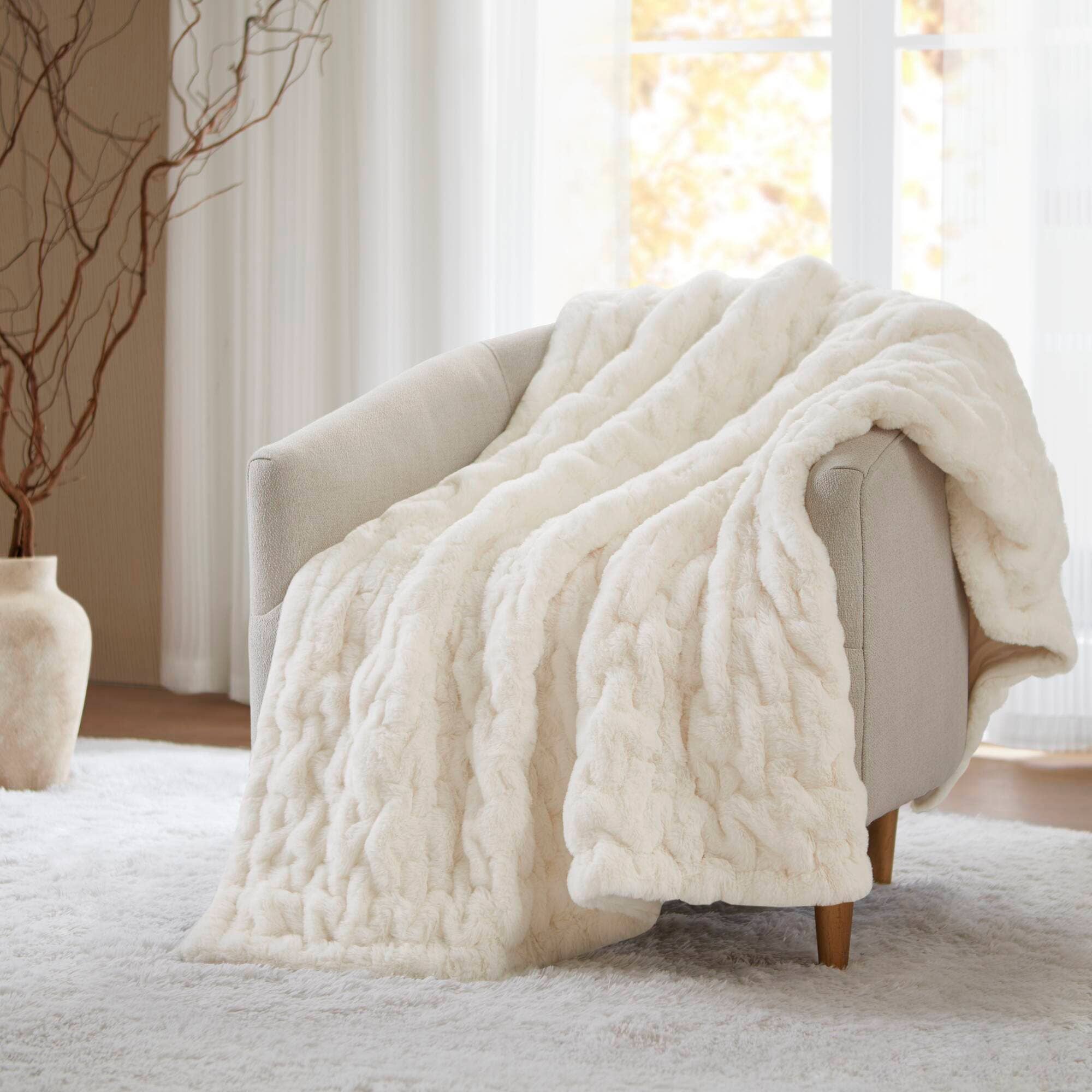 Soft Warm Ruched 50x60" Throw Blanket, Ivory: Throw Blanket