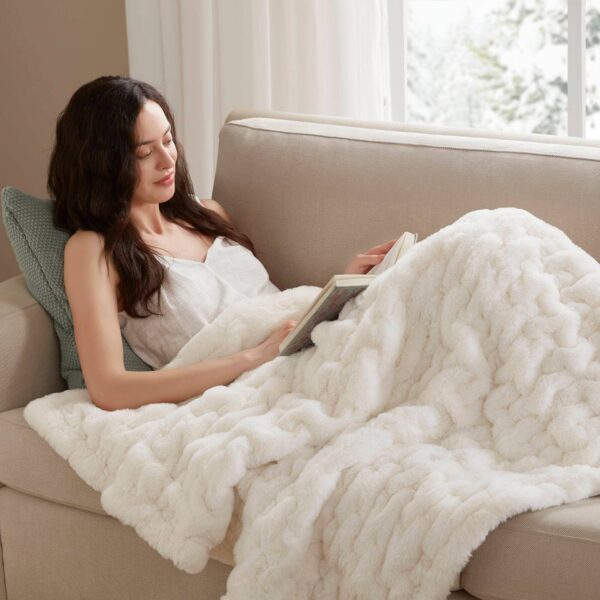 Soft Warm Ruched 50x60" Throw Blanket, Ivory: Throw Blanket - Image 4