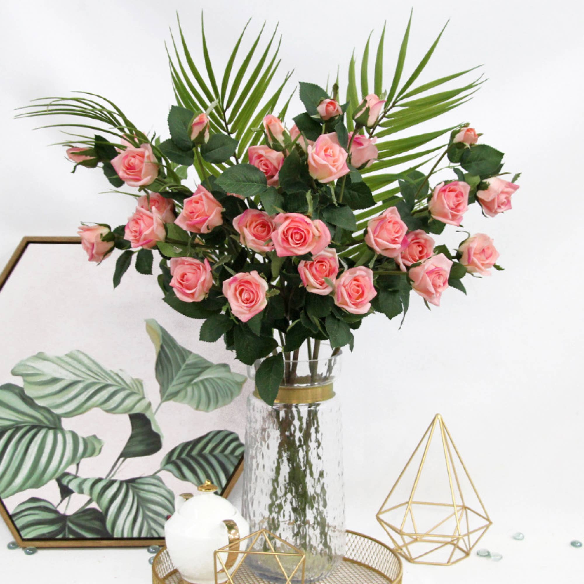 25"-real touch Rose spray x 5 flowers: Soft Pink coral