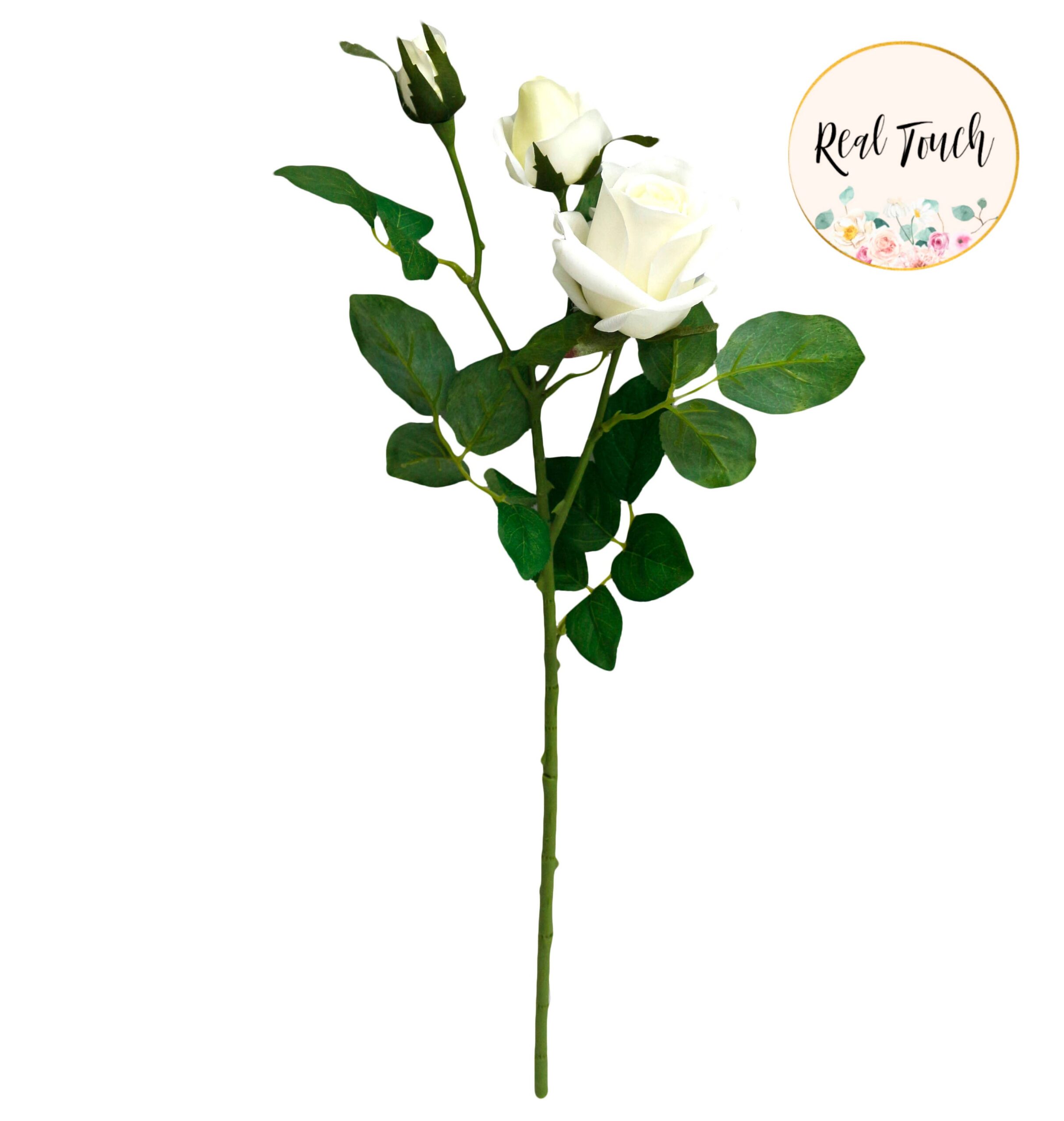 21"-Real touch moisturized petals Faux Rose-3 Blooms: Soft White