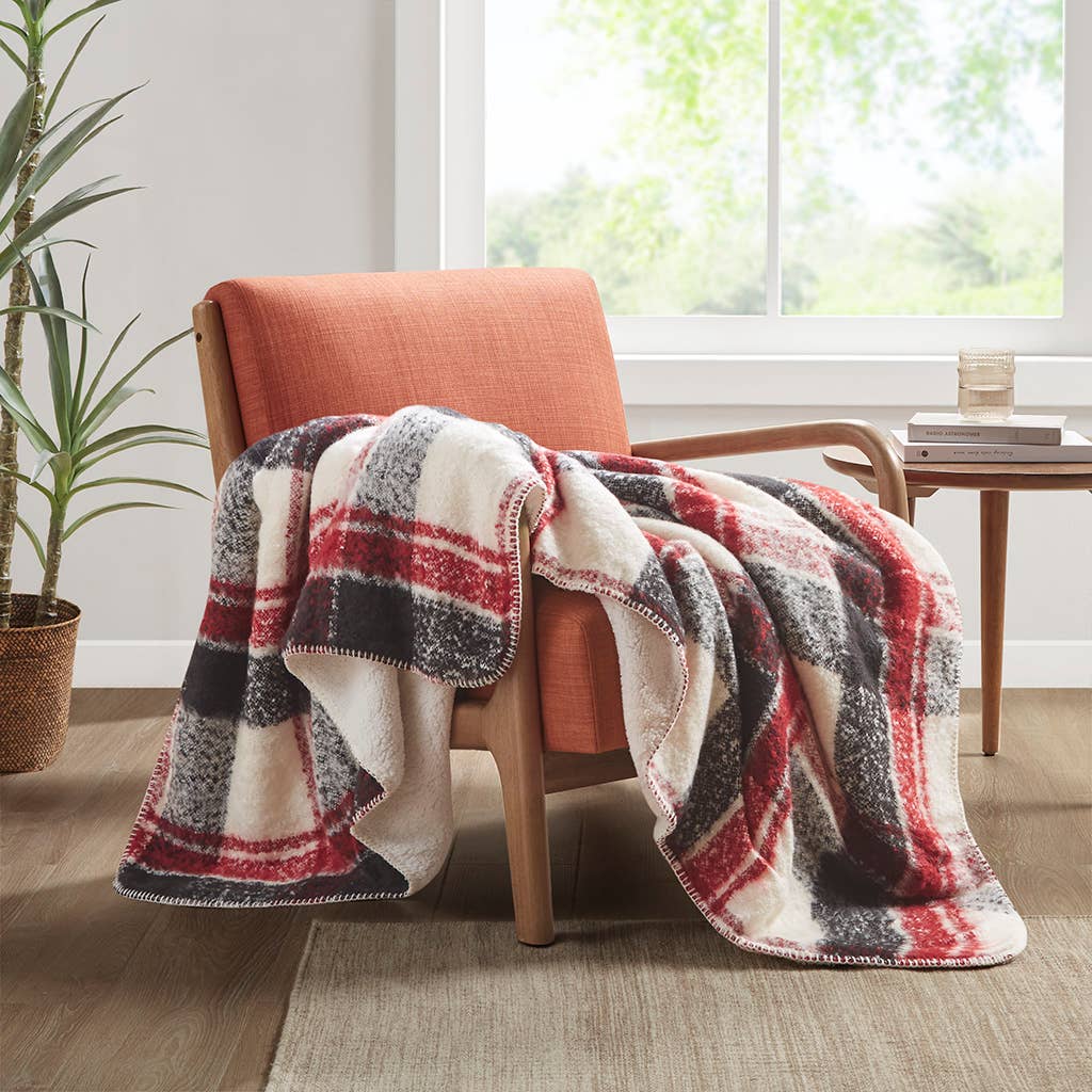 Plaid Faux Mohair Sherpa Throw Blanket 50x60", Red: Red