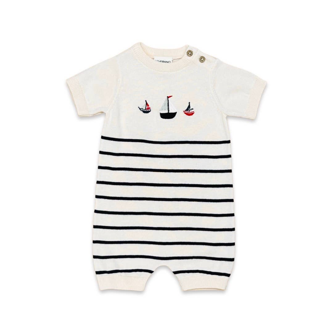 Sailboat Embroidered Knit Short Baby Romper (Organic Cotton): Natural, 6-12M