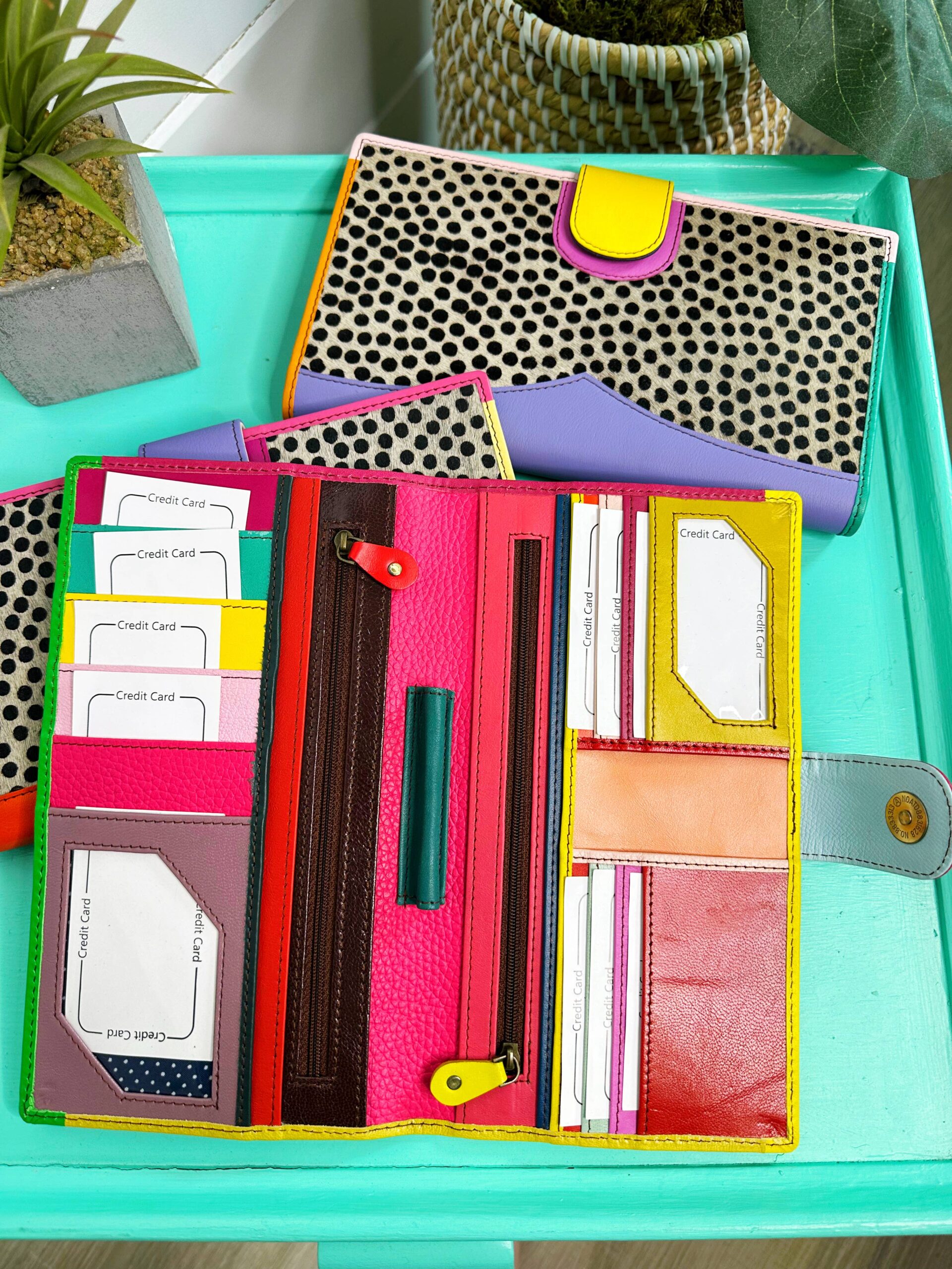 Large Leather Travel Wallet | Bright Polka Dot Print Wallets - Image 2