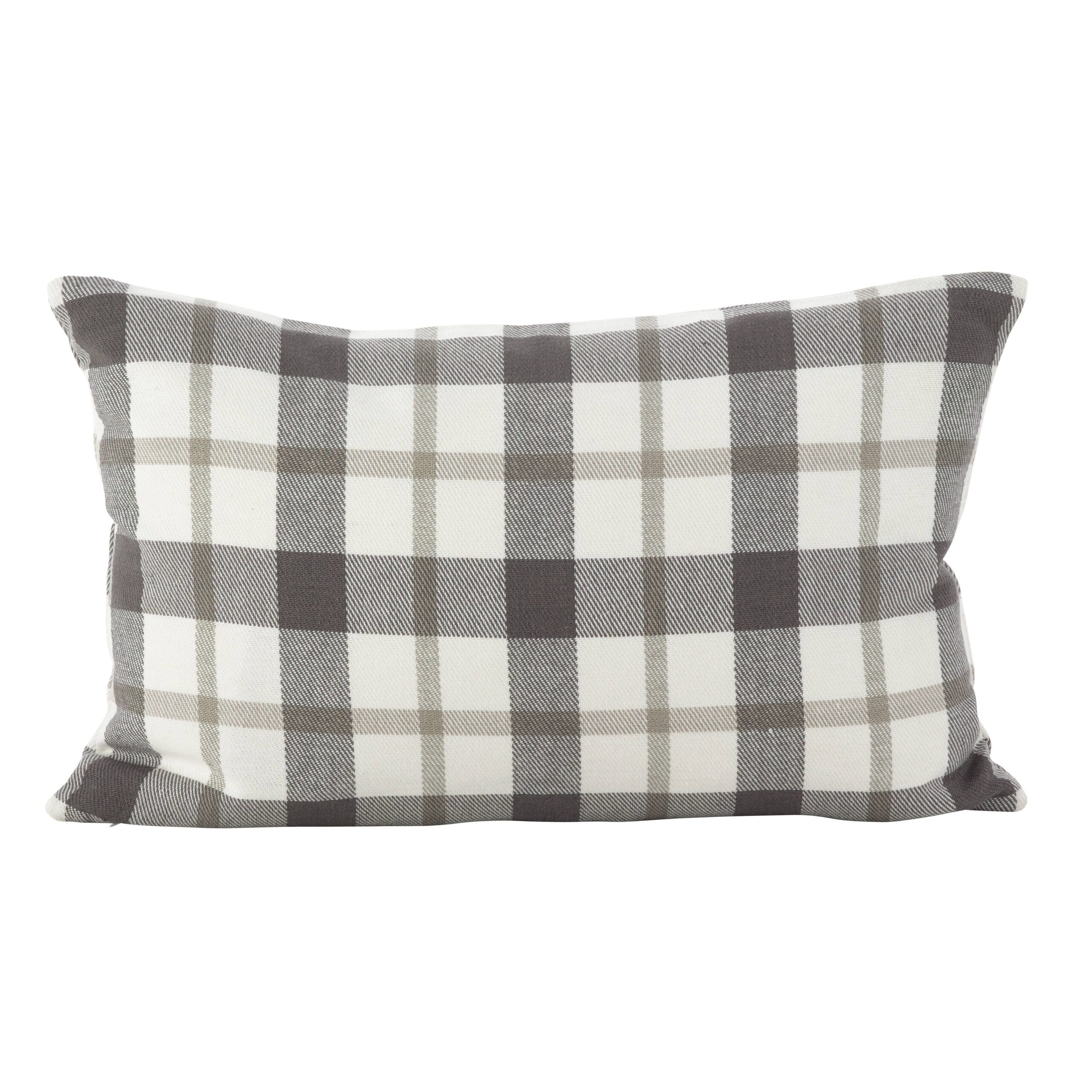 Plaid Pillow - Down Filled - Large Design: Grey, Down Insert, 12"x20"