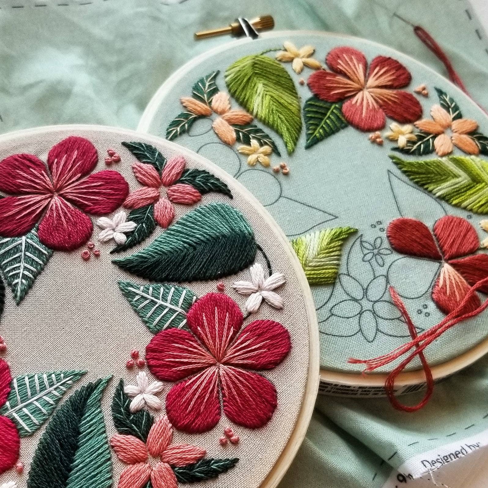 Floral Flourish Beginner Embroidery Kit: Muted green fabric - Image 2