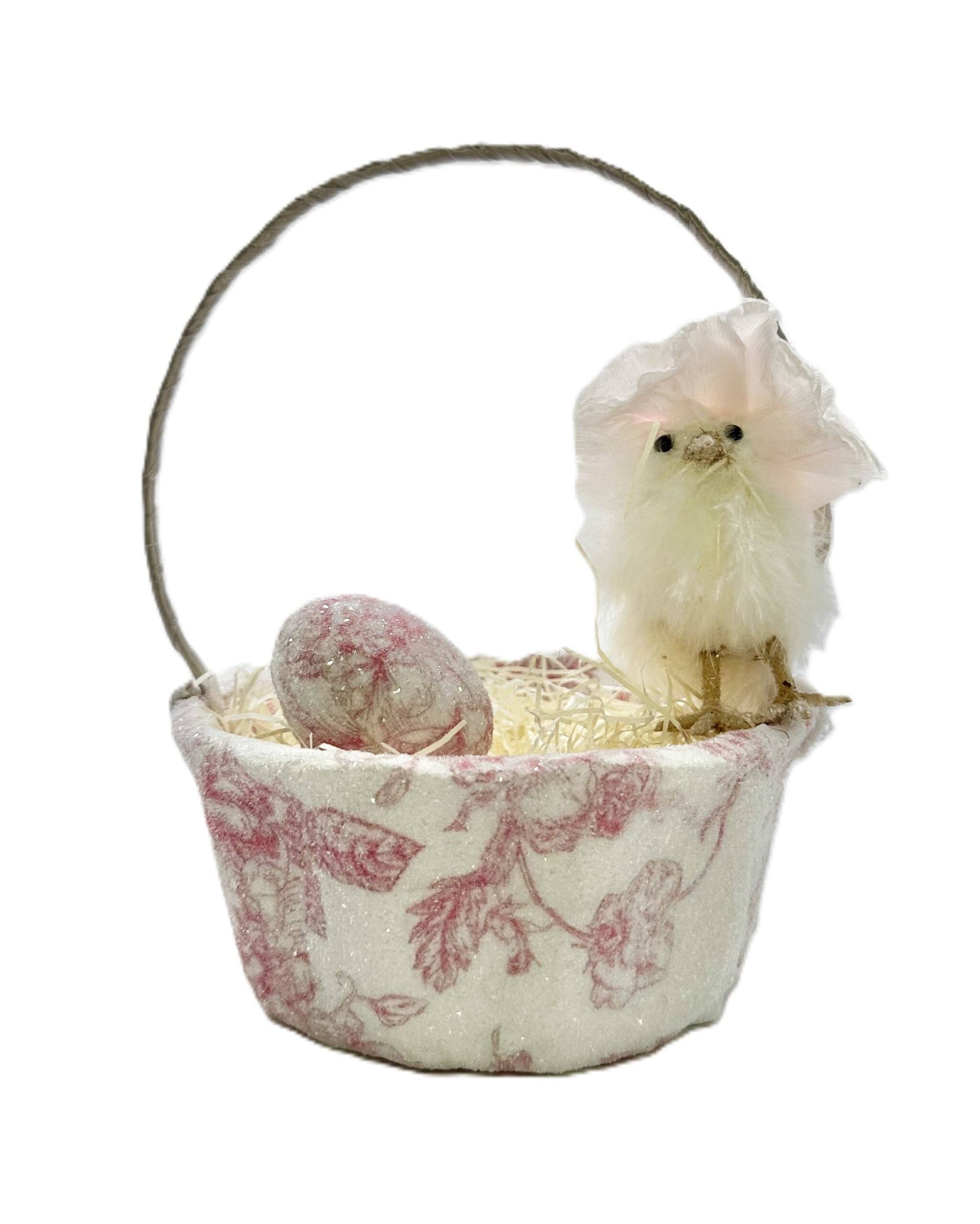 Basket with Chick - Decoupage, Small, Pink Toile: Pink, 5" x 7.75"