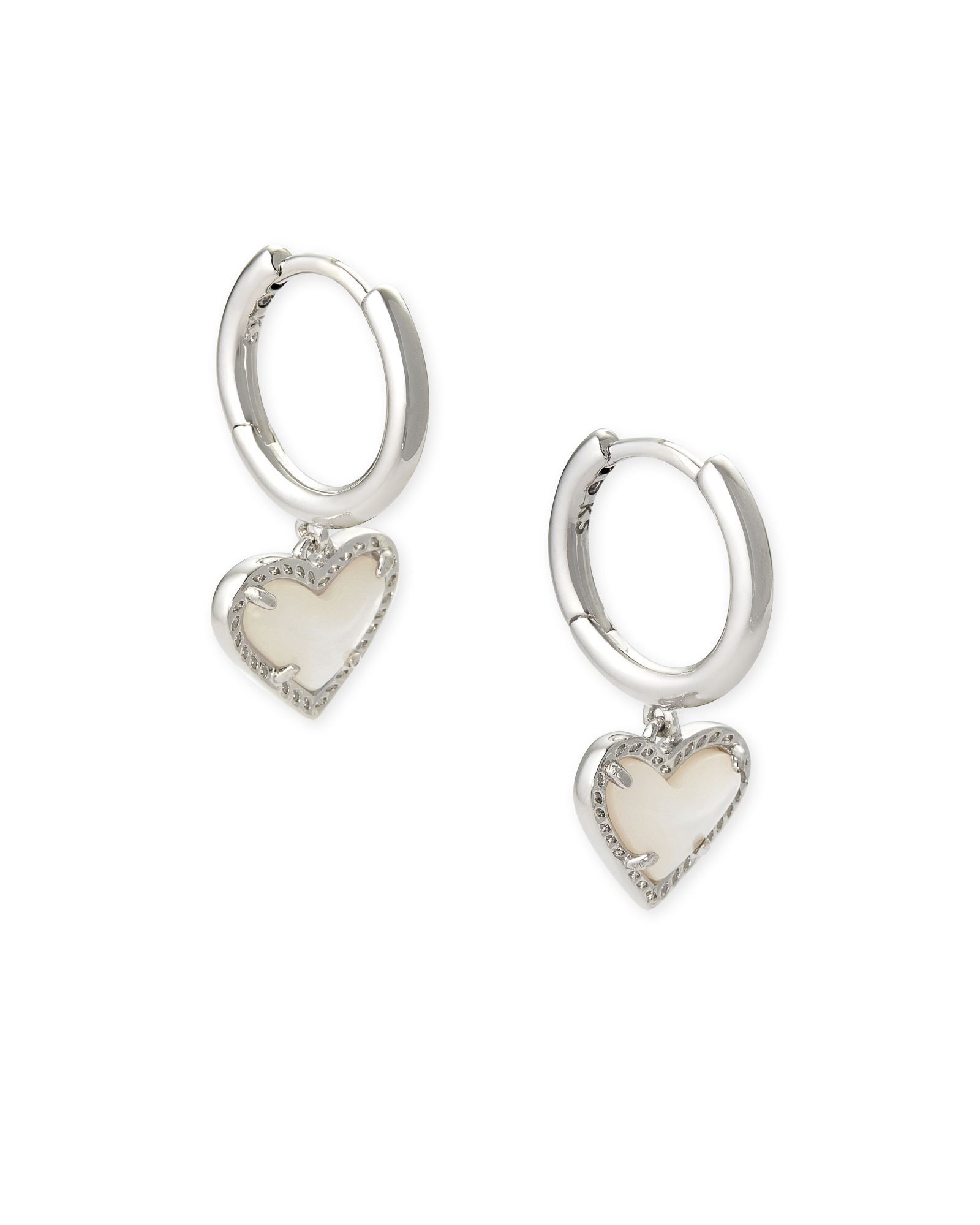 ARI HEART HUGGIE EARRINGS RHODIUM IVORY MOTHER OF PEARL