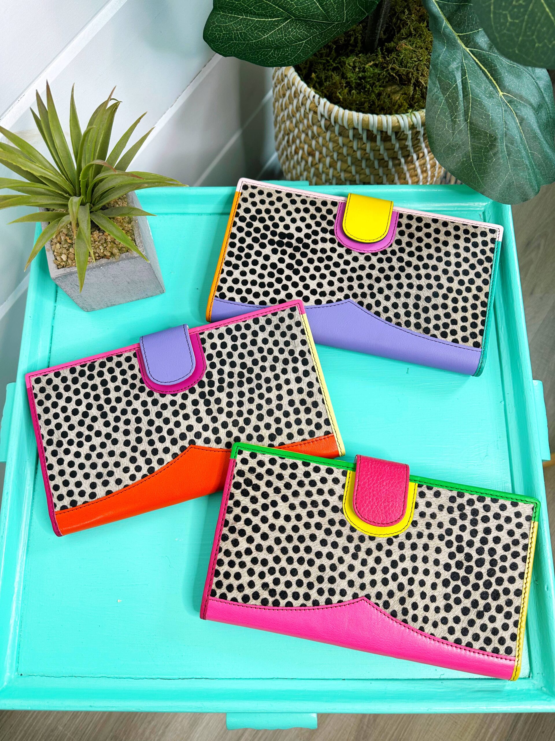 Large Leather Travel Wallet | Bright Polka Dot Print Wallets