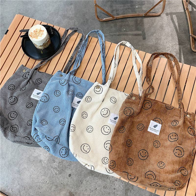 Funkyrel® Atzbranding Limited - Vintage Corduroy Smiley Face Shoulder Tote Bag