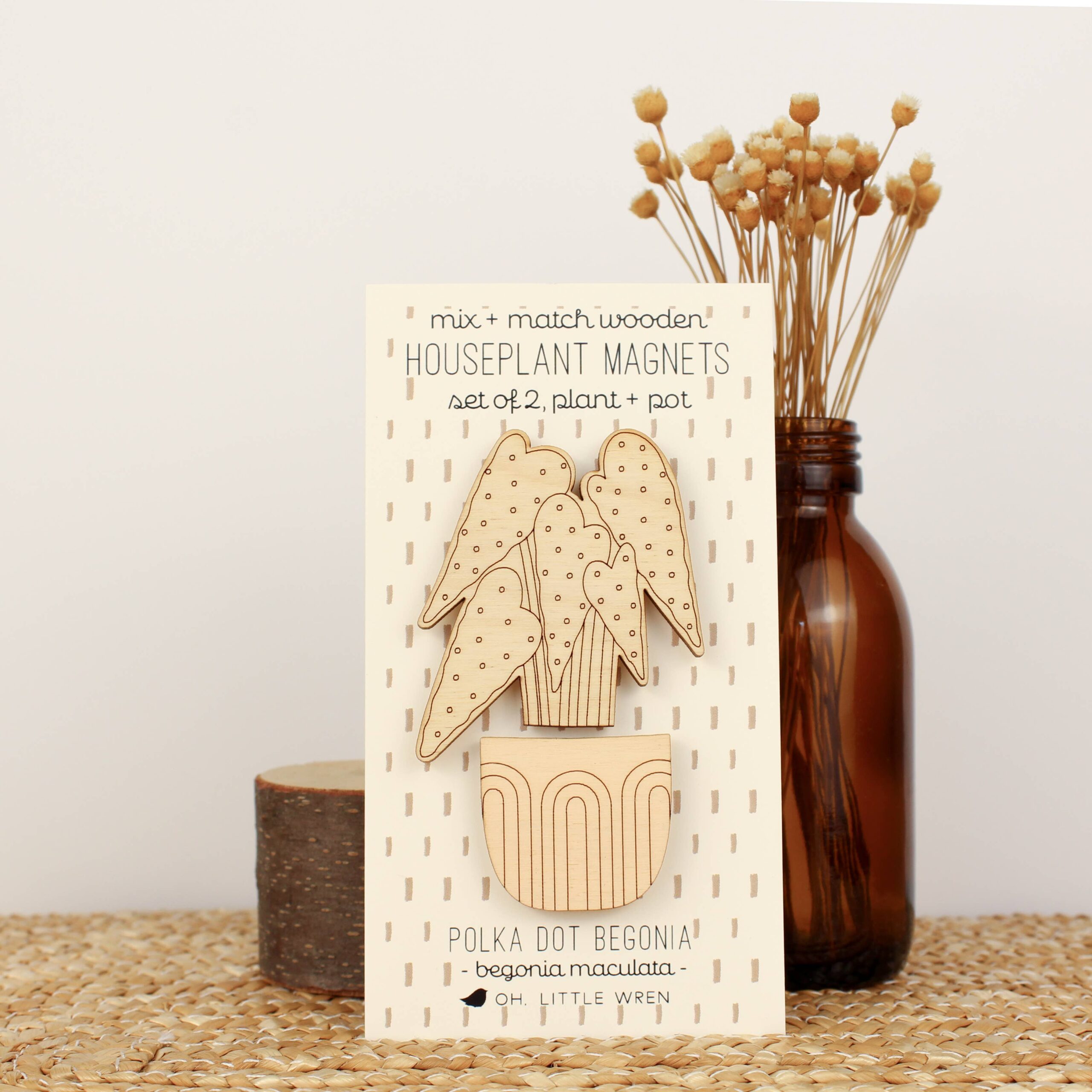 Wood House Plant Magnets | Polka Dot Begonia | Plant Lover Gift