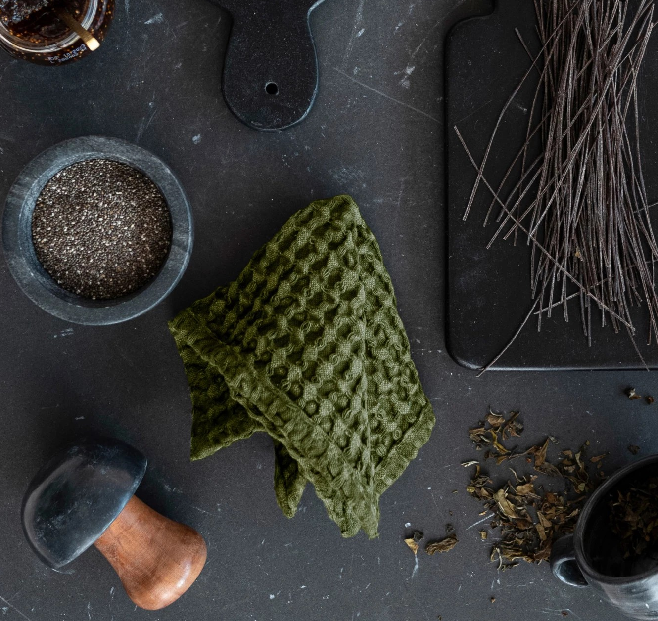 Stonewashed Cotton Waffle Weave Dish Cloths, Green, Set of 3 - Image 2