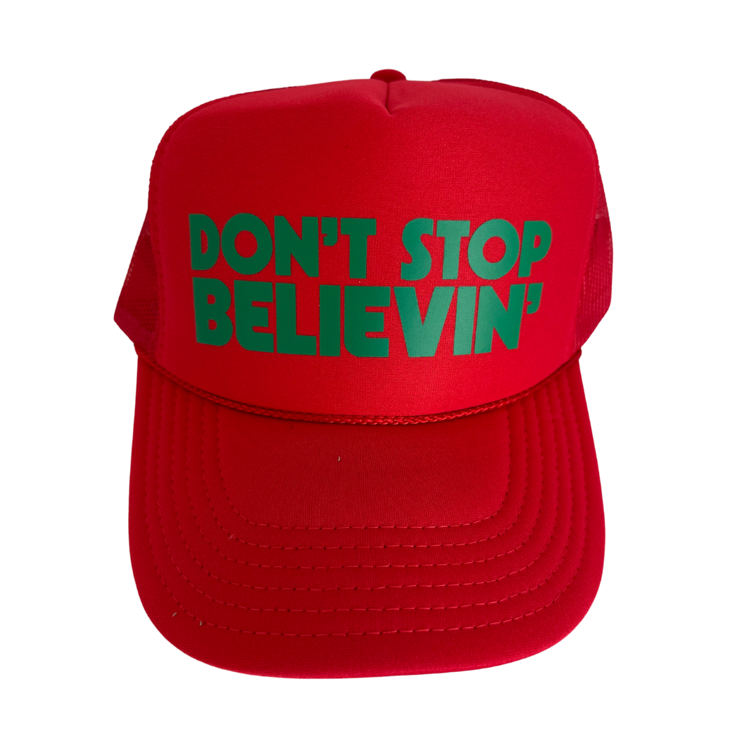 Don't Stop Believin' Trucker Hat: Kelly/White - Image 3