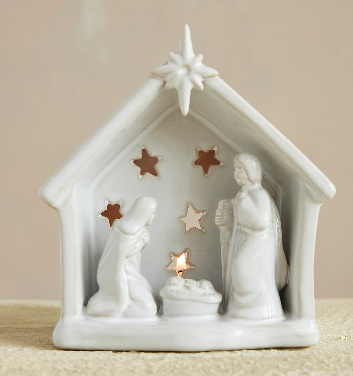 Nativity Tealight Holder with Star Cut-Outs, White