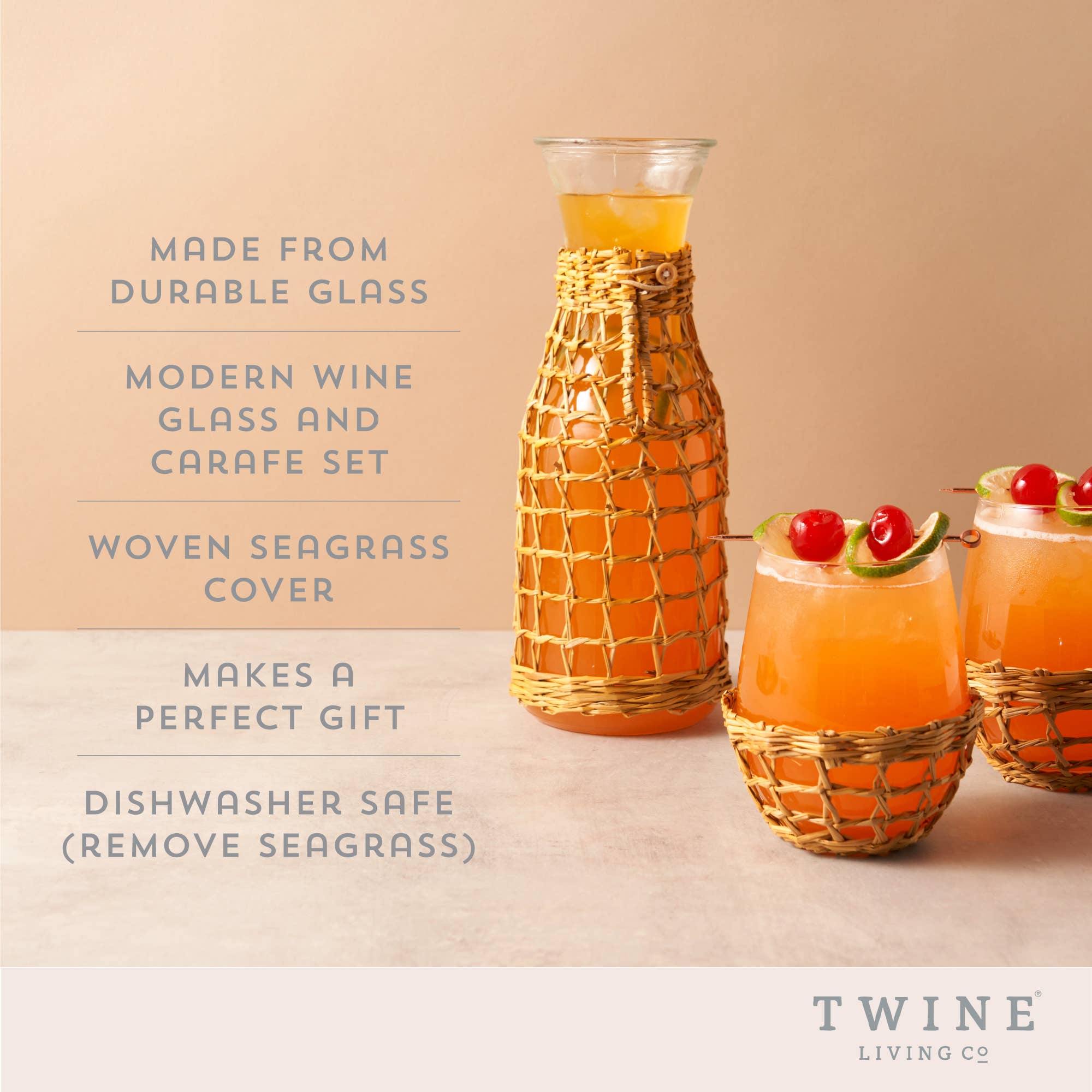 Twine - Island Carafe & Stemless Glassware w/Seagrass Wrap -Set of 3 - Image 3