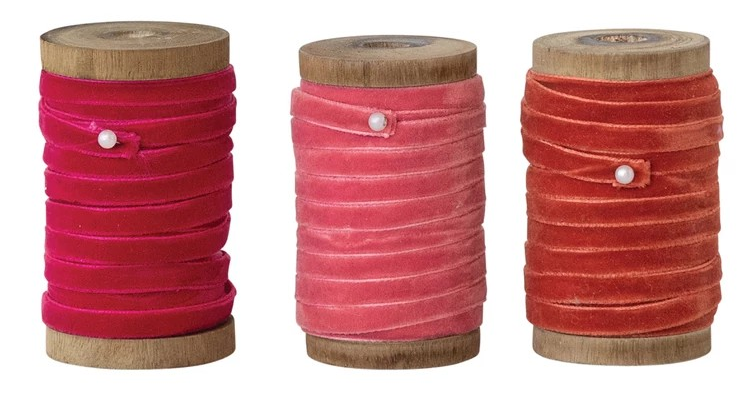 10 Yard 1/4"W Velvet Ribbon on Wood Spool, 3 Colors, Red