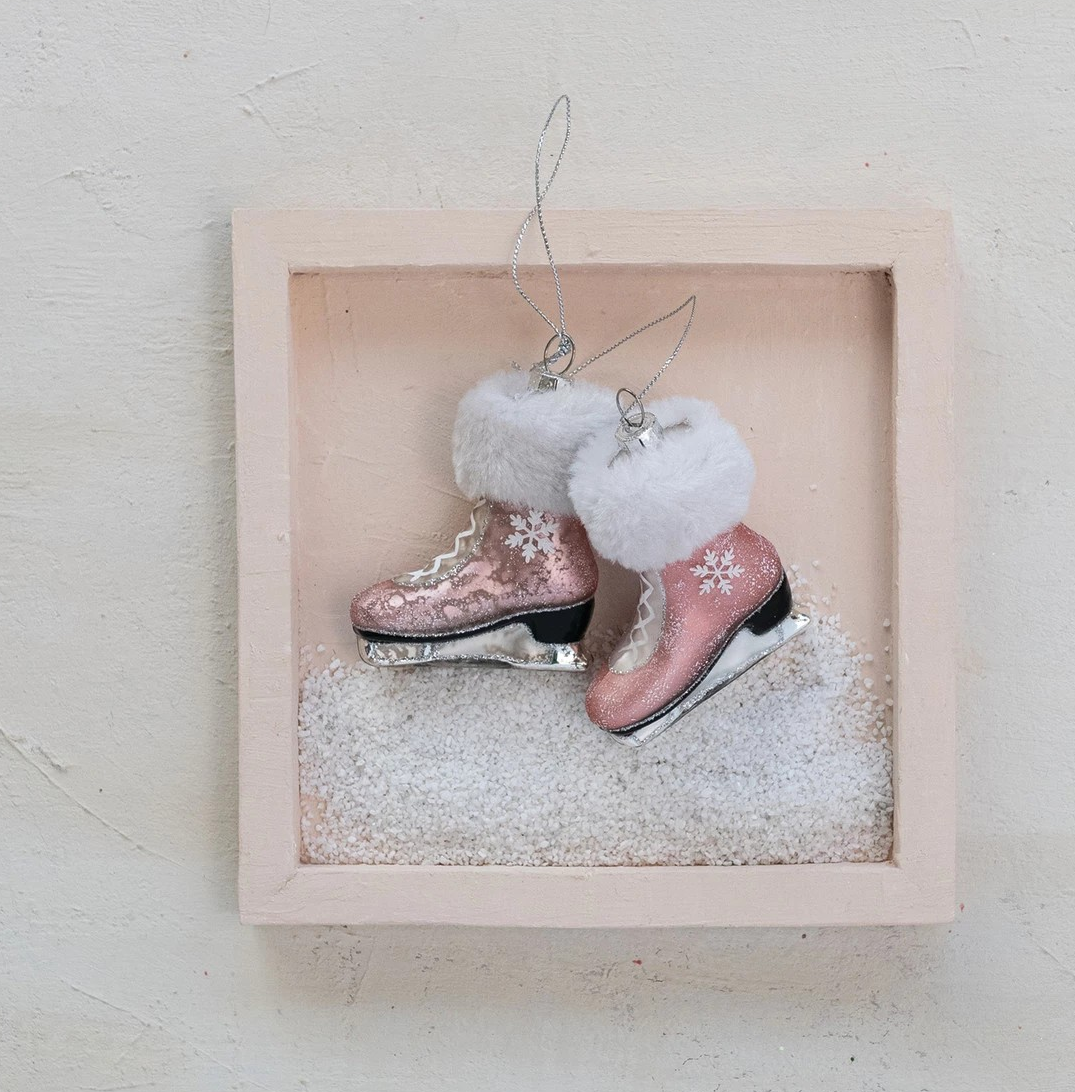 Mercury Glass Ice Skate Ornament with Faux Fur Cuff