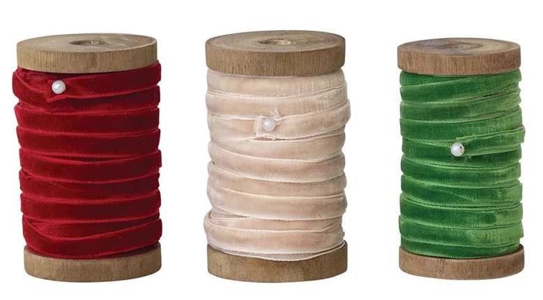10 Yard 1/4"W Velvet Ribbon on Wood Spool, 3 Colors
