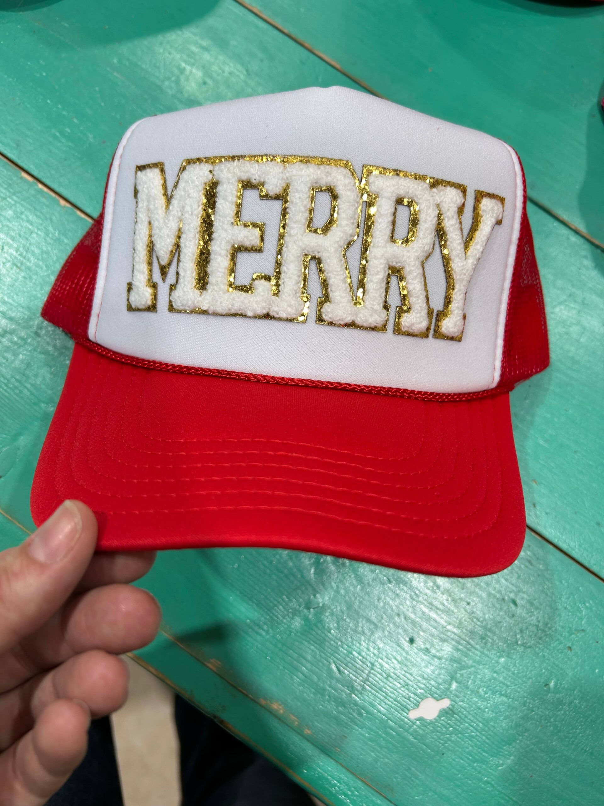 White Chenille Merry Trucker | Christmas Cap| Holiday| Santa: White/Red Foam