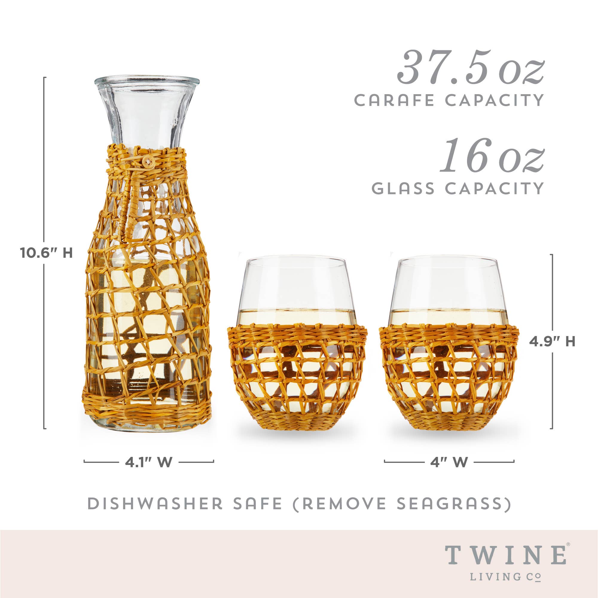 Twine - Island Carafe & Stemless Glassware w/Seagrass Wrap -Set of 3 - Image 5