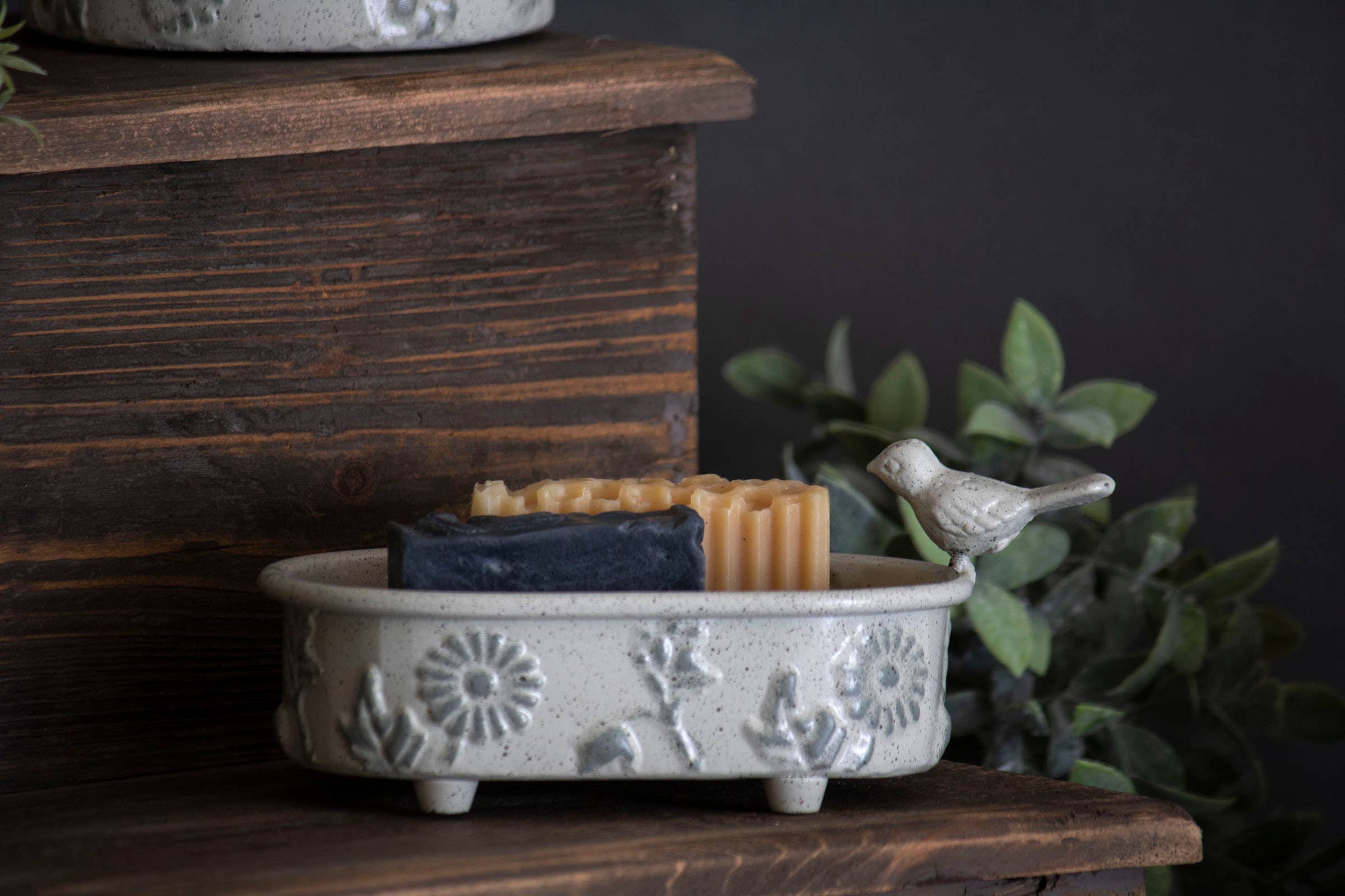 Doris White Antique Floral Embossed Bird Soap Dish