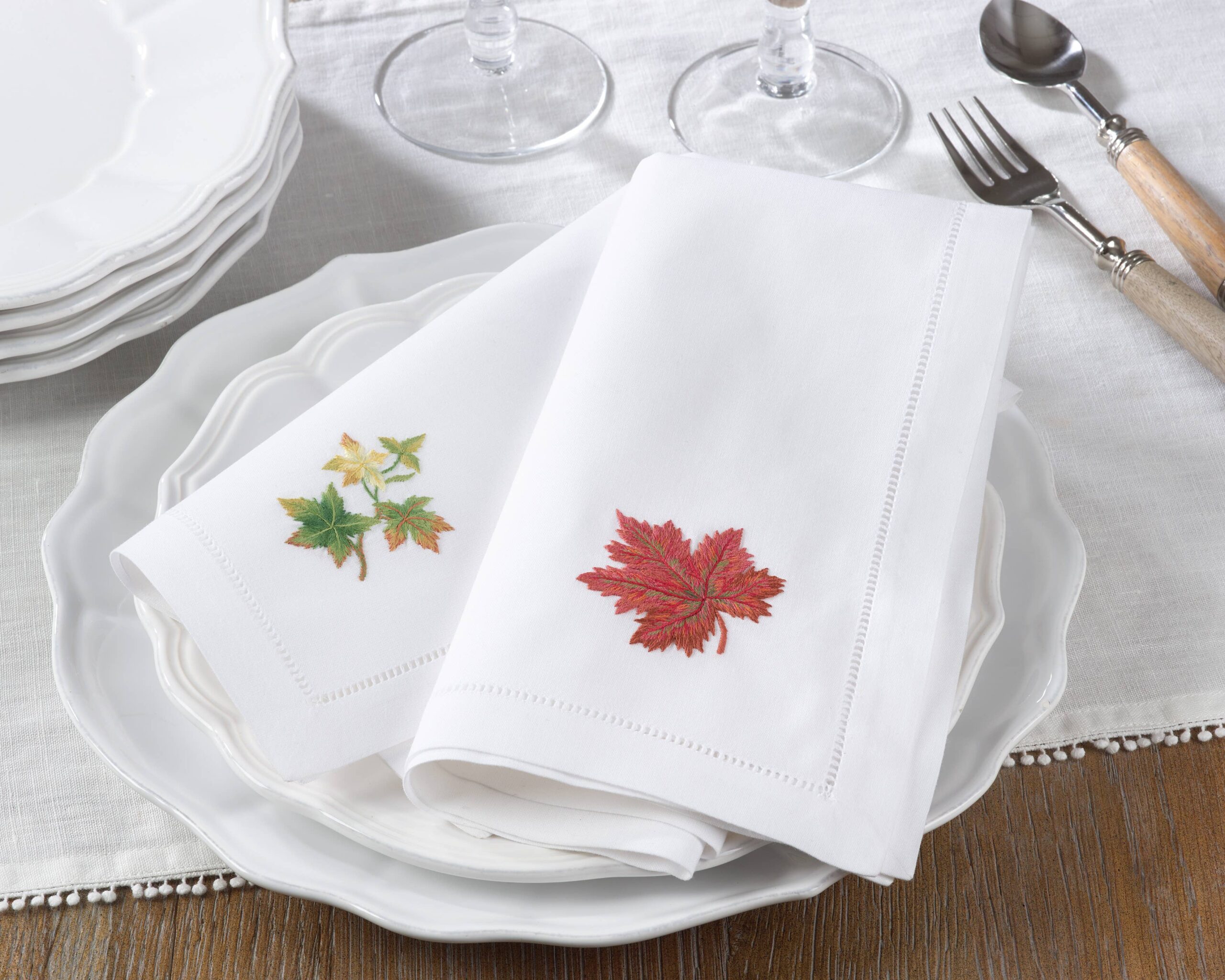 Embr'd Fall Leaf Hemstitch Napkin: White, 20" - Image 2