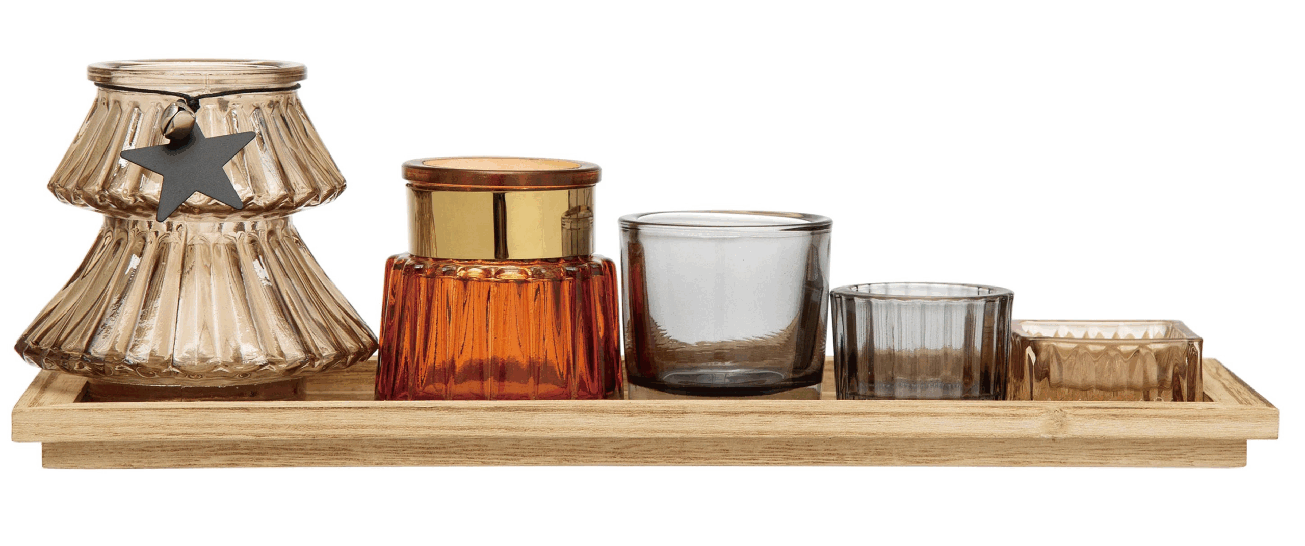 Wood Tray w/5 Glass Tealight Holders, Multi Color, Set of 6