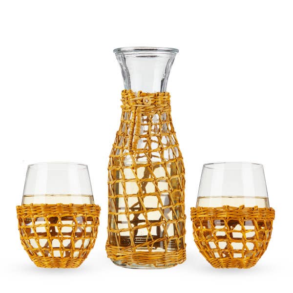 Twine - Island Carafe & Stemless Glassware w/Seagrass Wrap -Set of 3