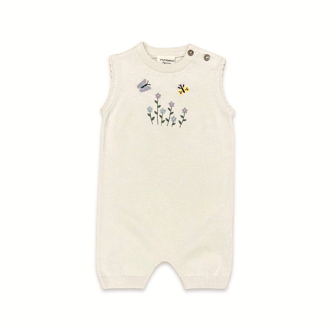 Floral Bee Embroidered Sleeveless Knit Baby Romper (Organic): Natural, 0-3M