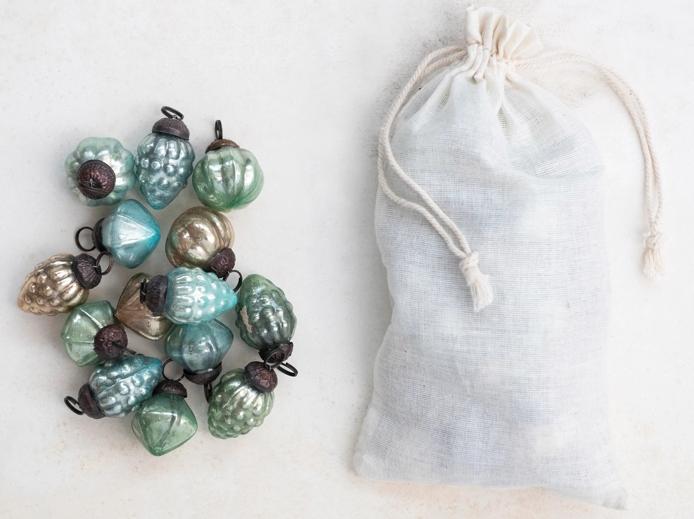 Embossed Mercury Glass Ornaments in Muslin Bag, Set of 36