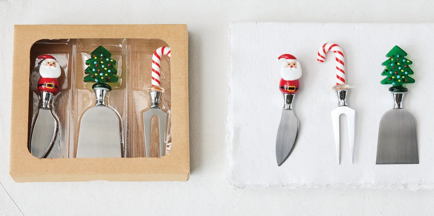 Cheese Knives with Hand-Blown Glass Holiday Icon Handle, Boxed Set of 3