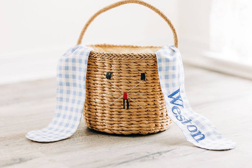 Kids Easter Egg Hunt Easter Basket - Gingham Bunny Ears: Blue Gingham