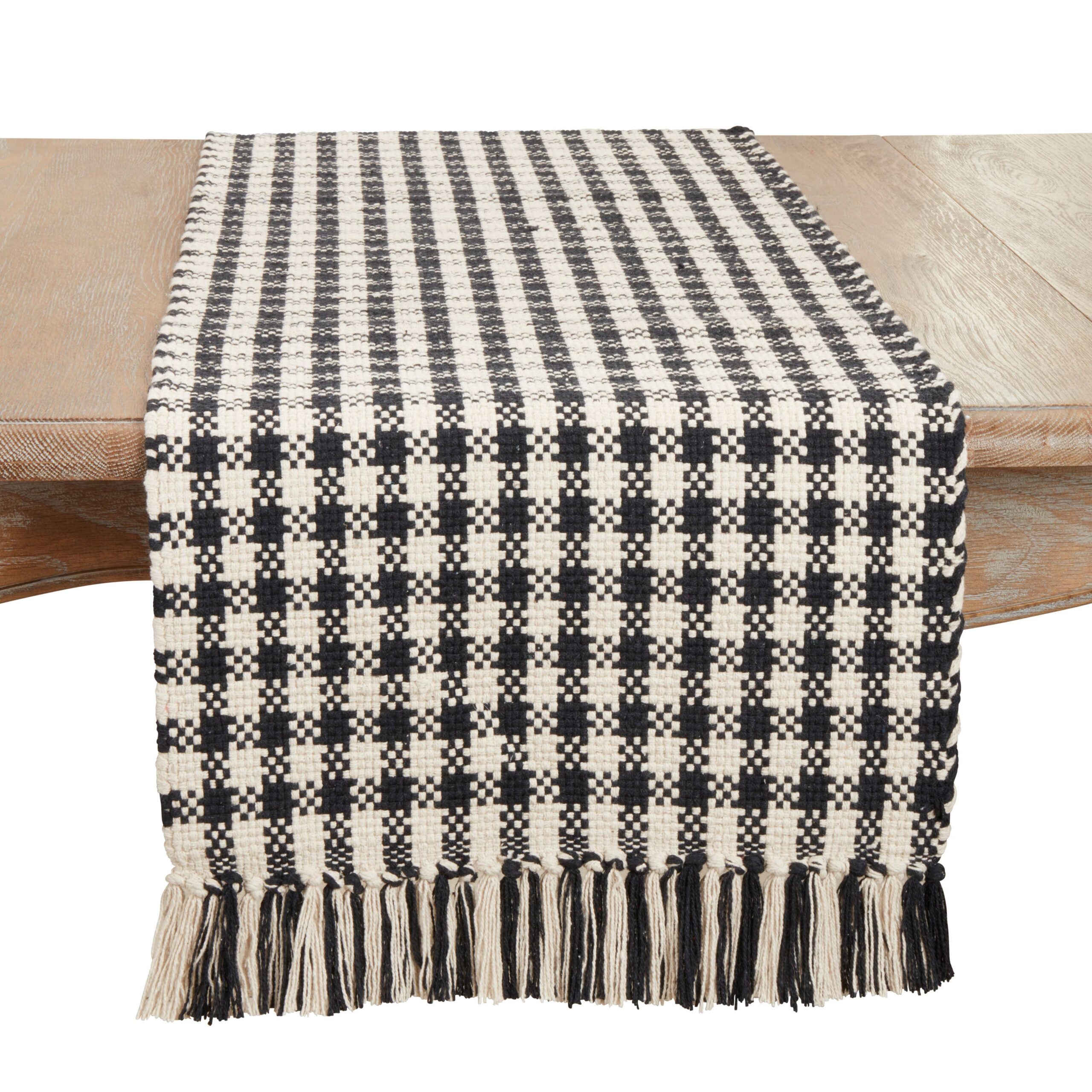 Classic Houndstooth Fringe Table Runner: Black/White, 16"x72"