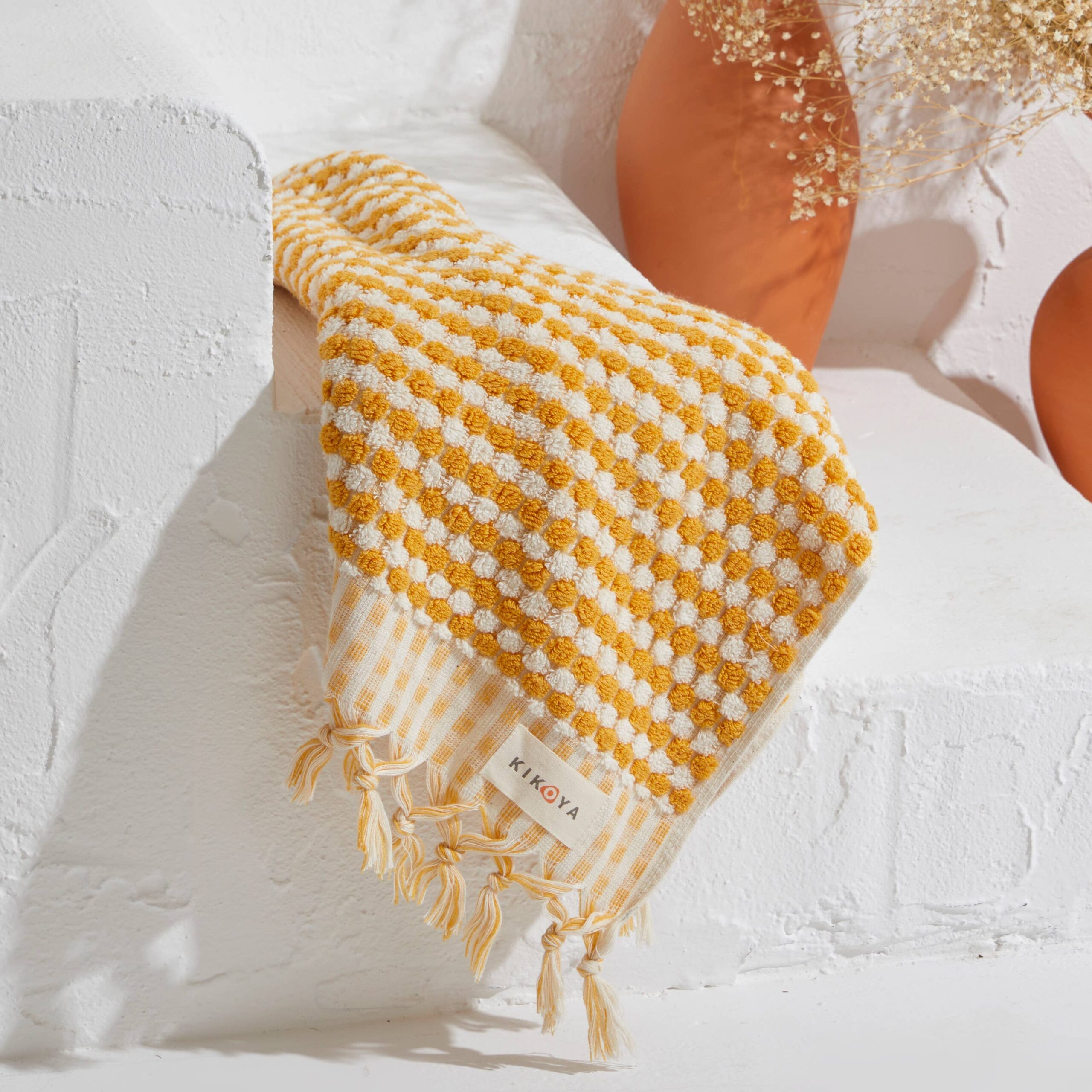 Pompom Bubble Handloomed Turkish Hand Towels: Mustard