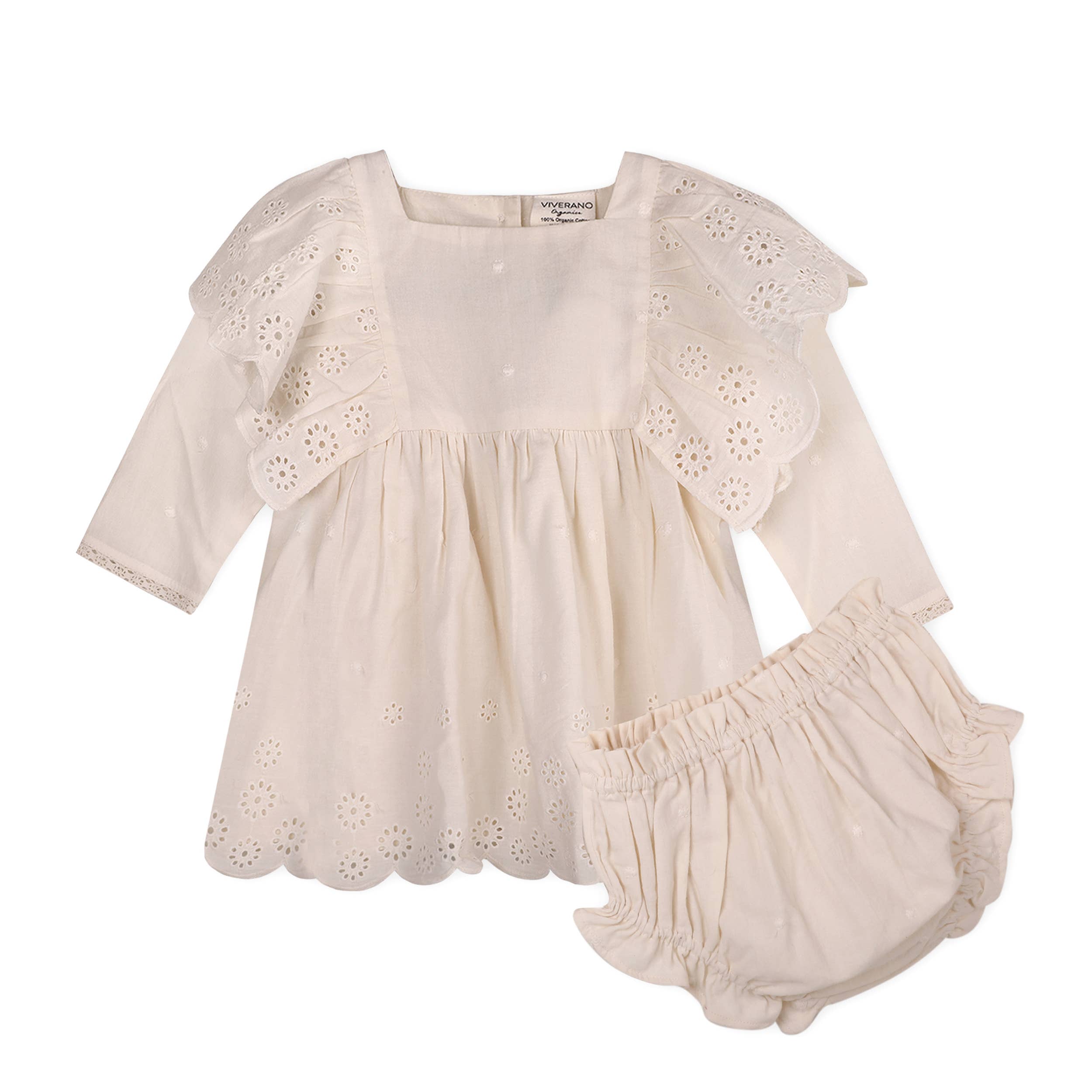 Schiffli Lace Collar Baby Girl Dress & Bloomer (Organic): Natural, 3-6M