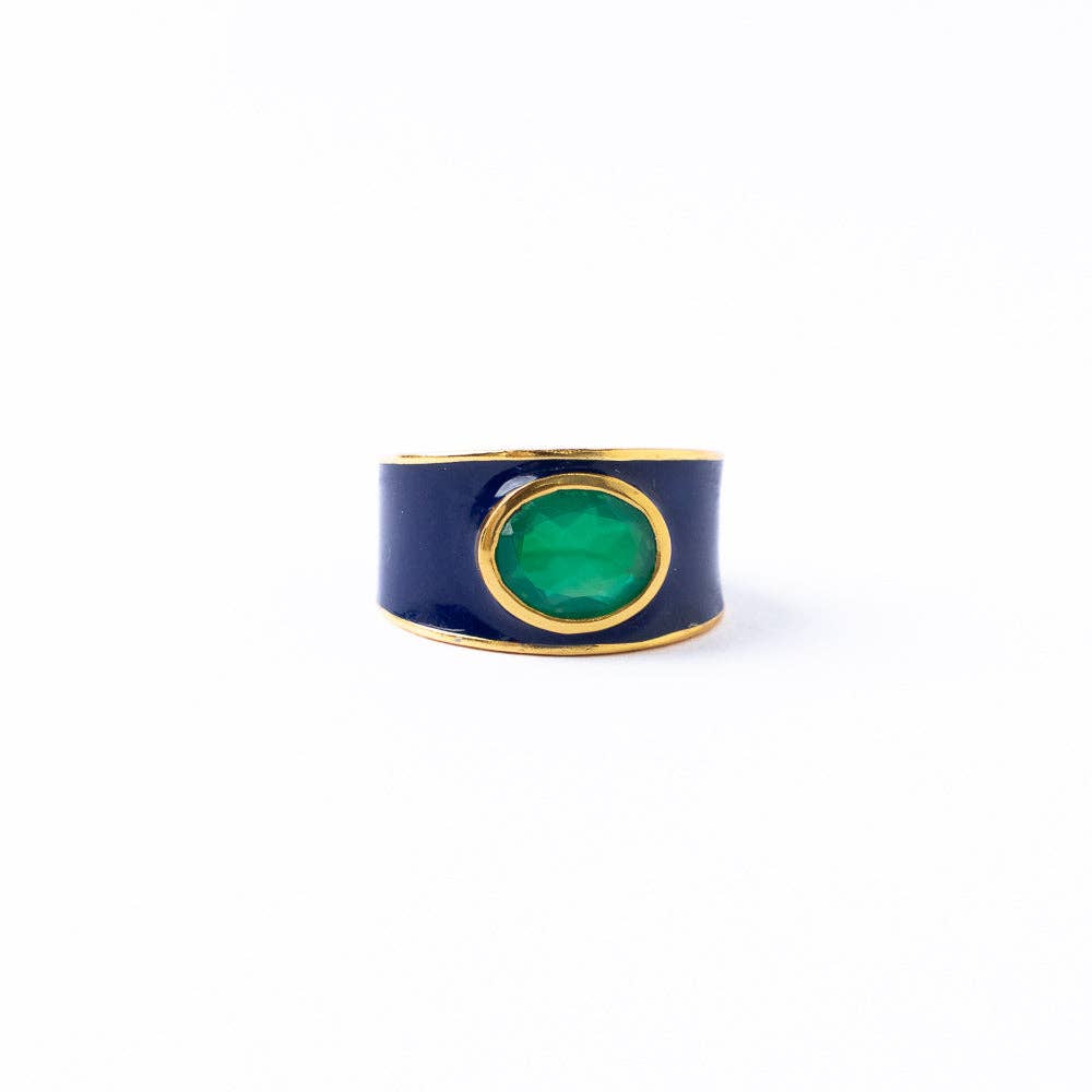 Hazel Oval Stone With Enamel Band Ring Navy + Green Size 7 Wholesale