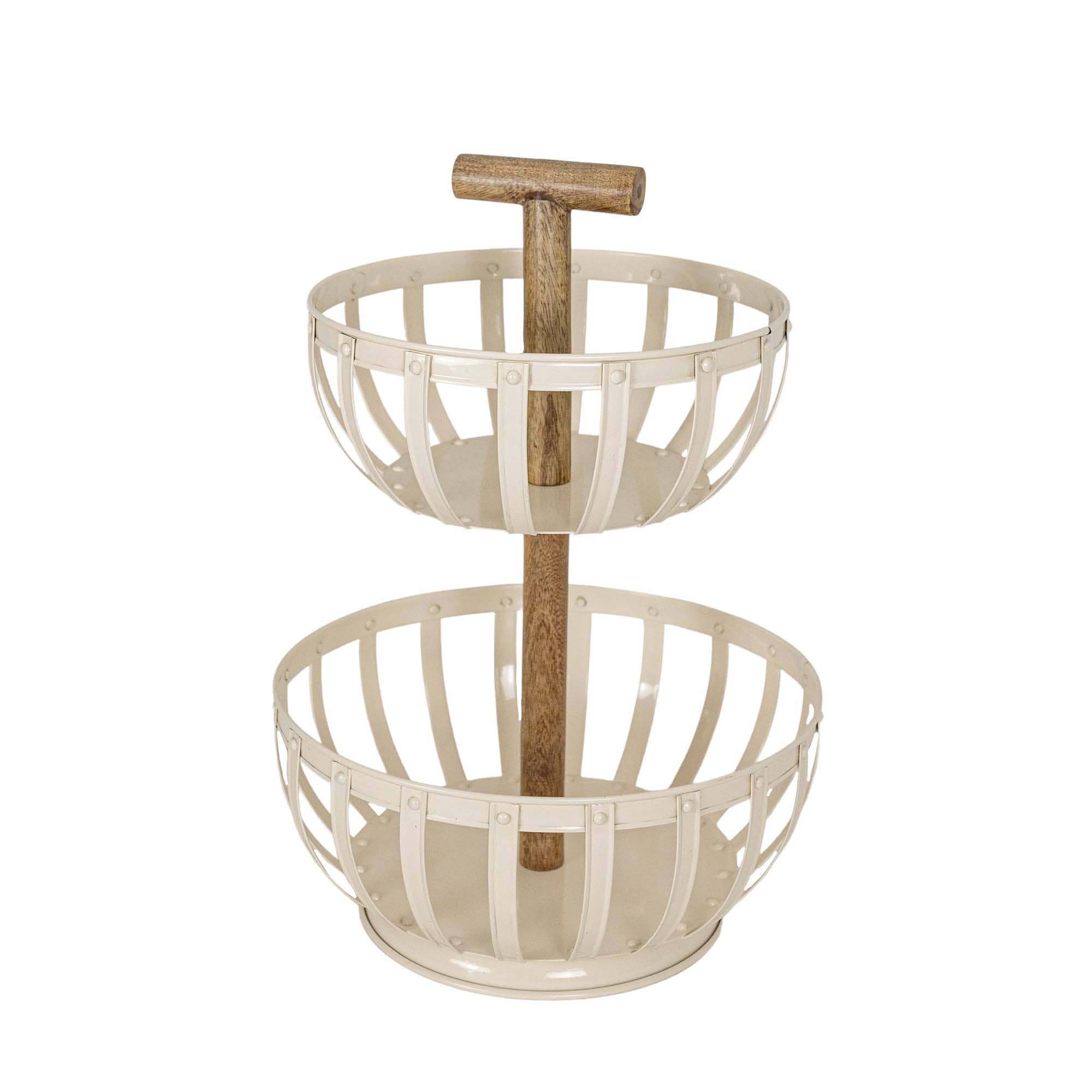 Foreside Home & Garden - Clement 2 Tiered Countertop Kitchen Basket White Metal Wood - Image 5